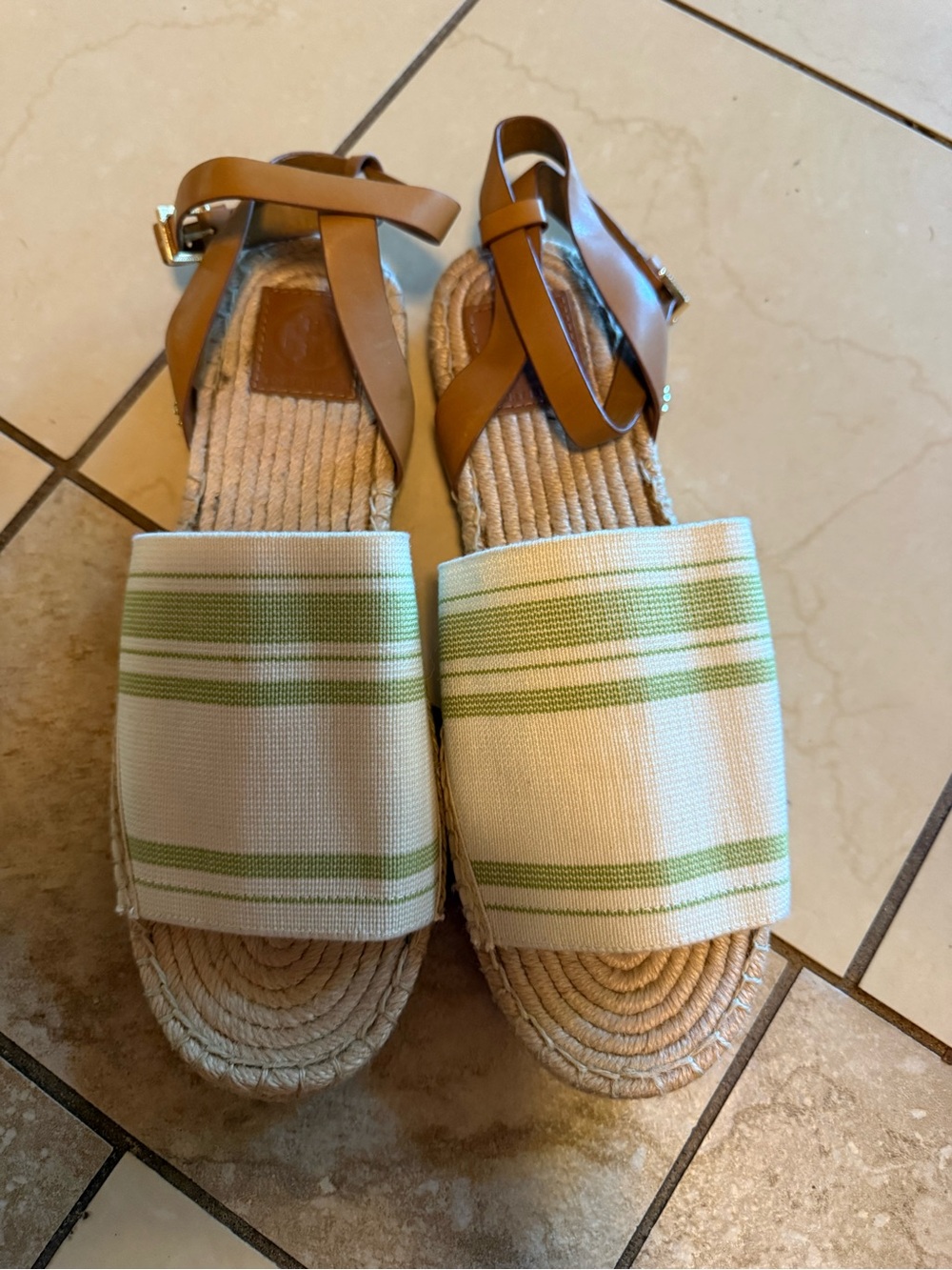 Tory Burch Espadrille Slide Sandals - Tan Leather Green & Cream 10.5
